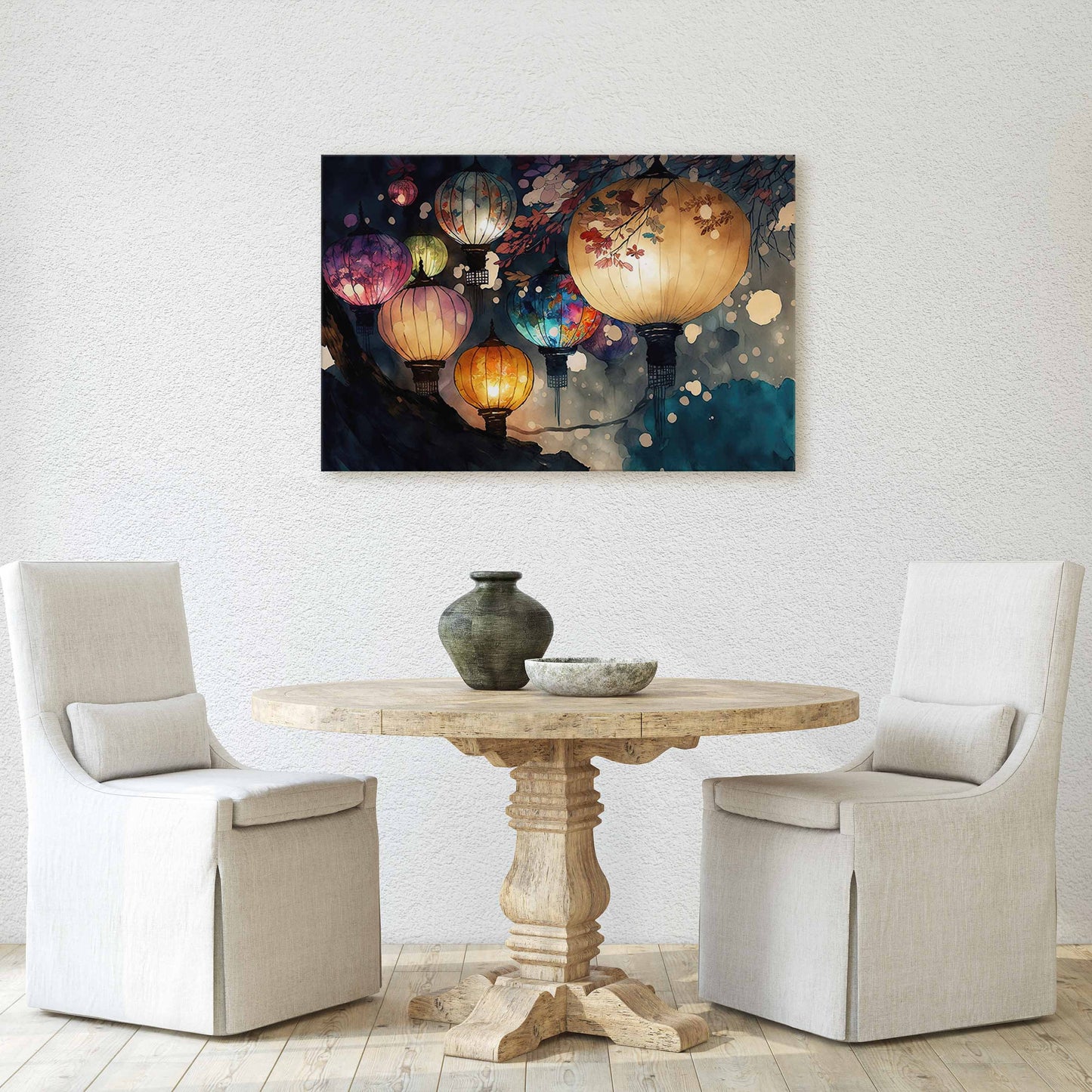 Paper Lantern Festival Canvas Art Ready To Hang Large Print, Night Sky, Watercolor, Chinese, Japanese