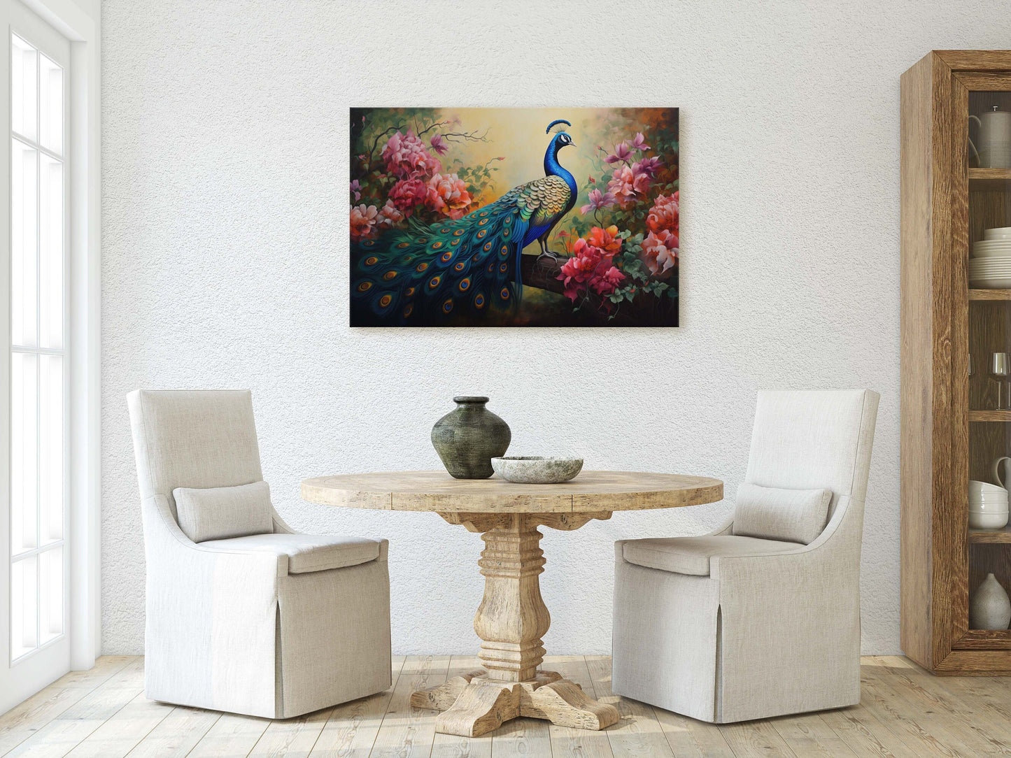 Peacock Painting, Pink Flowers, Colorful Art, Bird Decor, Framed Canvas, Large Print