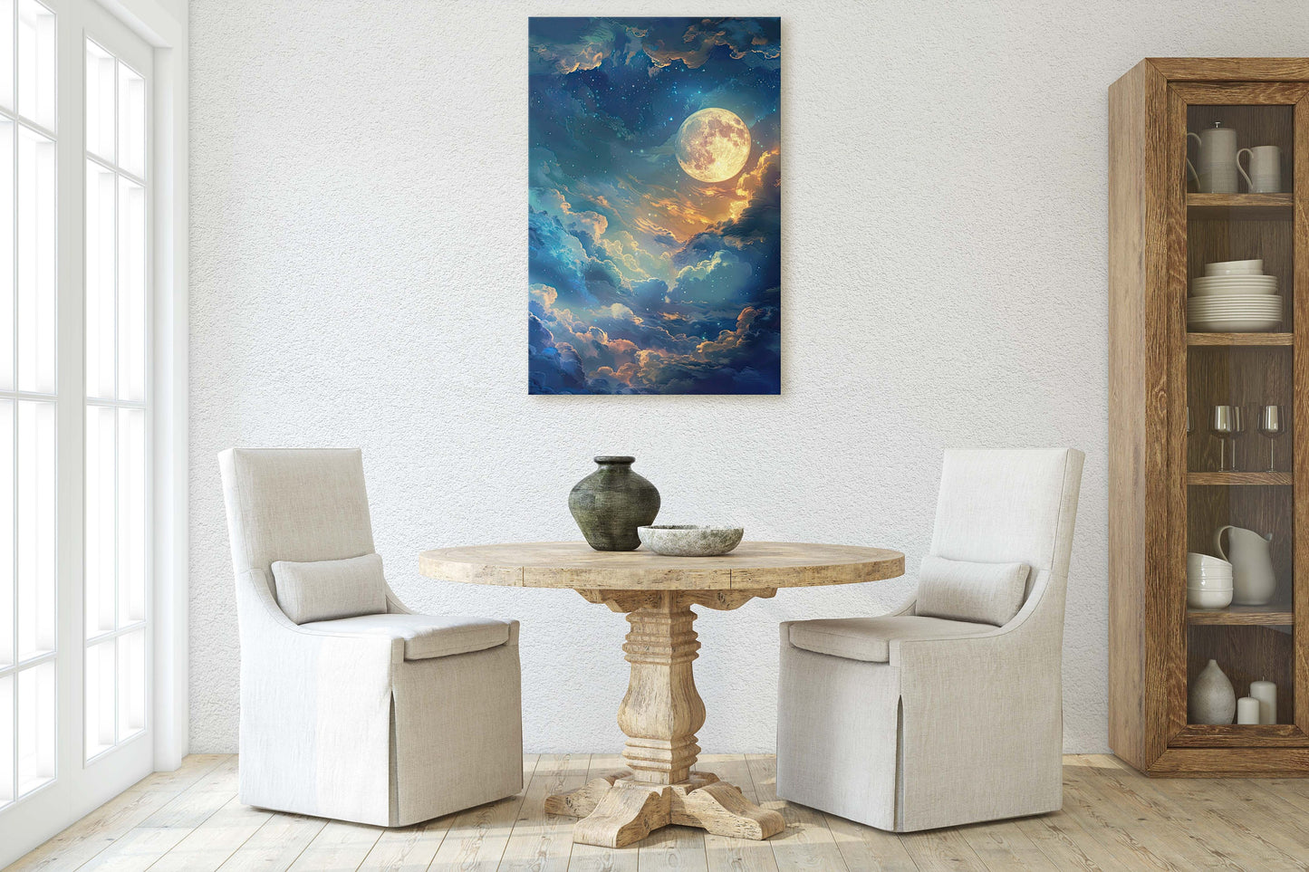 Cloudy Moon Sky, Moonlit Night, Golden Night, Full Moon Painting, Celestial Art, Nature, Retro Style