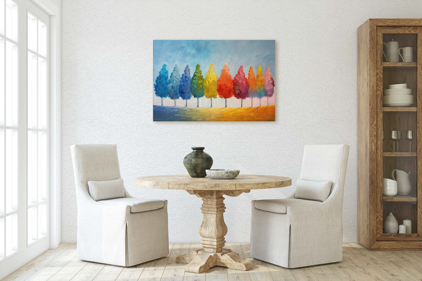 Seasons Painting, Pastel Trees, Rainbow Tree, Spring Summer, Fall Winter, Blue Tones, Colorful Vivid, Framed Canvas, Large Art Print