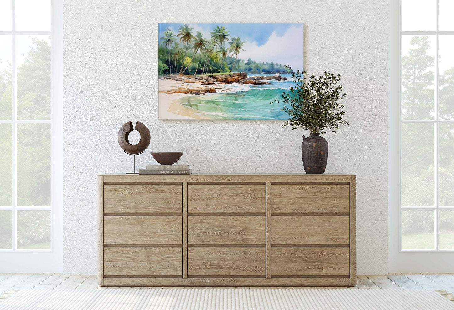 Ocean Beach On Canvas, Beautiful water, watercolor, Framed Canvas, Hawaii