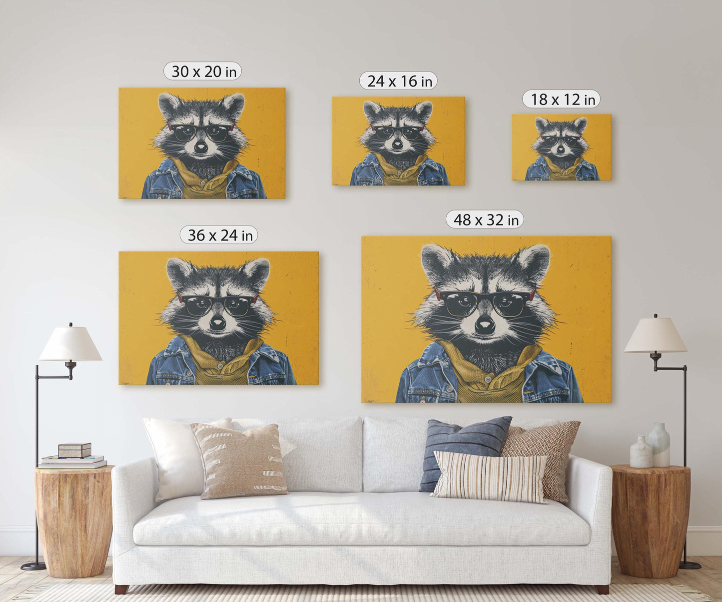 Hipster Racoon, Pop Art, Street Art, Graffiti Painting, Animal Sunglasses, Yellow, Fun Quirky, Large Art Print, Kids Room, Boys Room