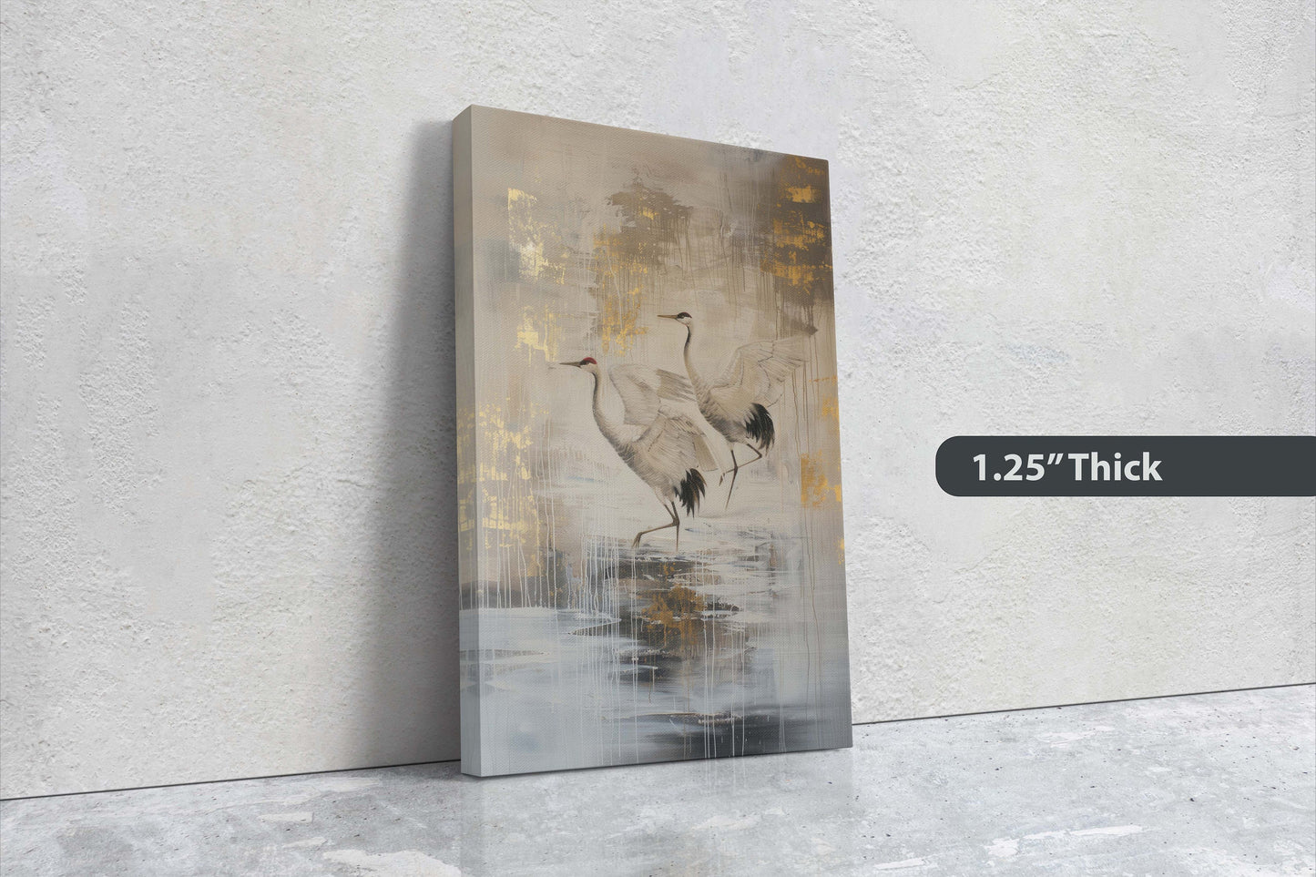 Gold Japanese Cranes, Gold and Beige, Minimalist Art, Heron Decor, Framed Canvas, Japandi Print, Extra Large, Neutral Tones