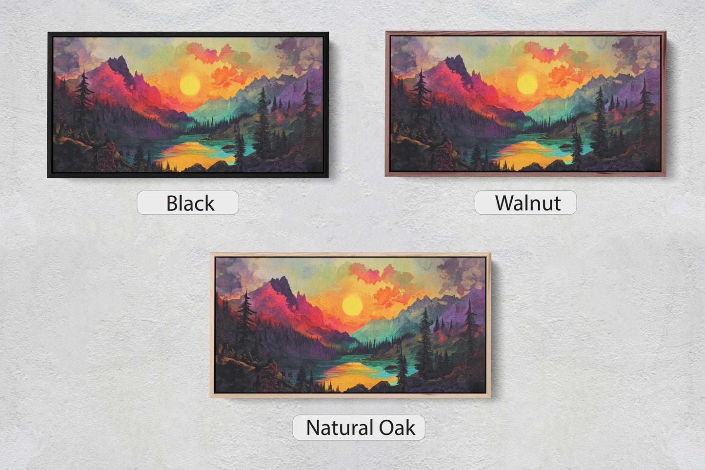 three paintings of mountains and trees with the words black, walnut, walnut, and