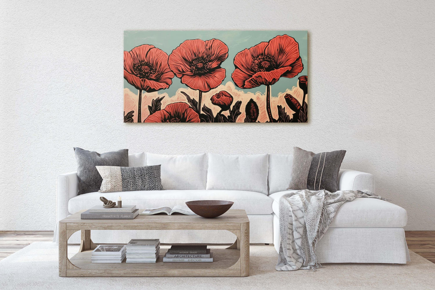 Red Poppies Art, Poppy Print, Linocut Print, Scandinavian Art