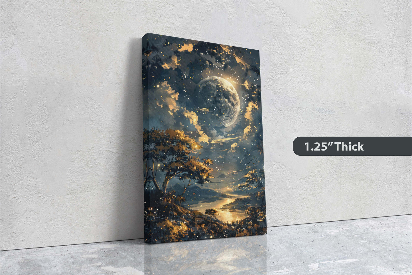Full Moon, Celestial Painting, Night Sky, Golden Glow, Majestic Landscape, Framed Canvas, Large Art Print