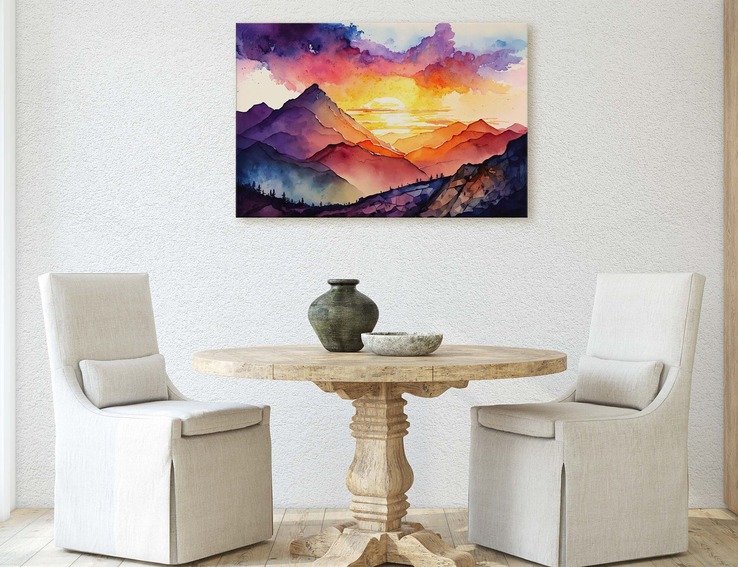 Watercolor mountains, Colorful sunset, Canvas Art, Large Print, Painting, Landscape, vibrant colors, dramatic landscape, living room
