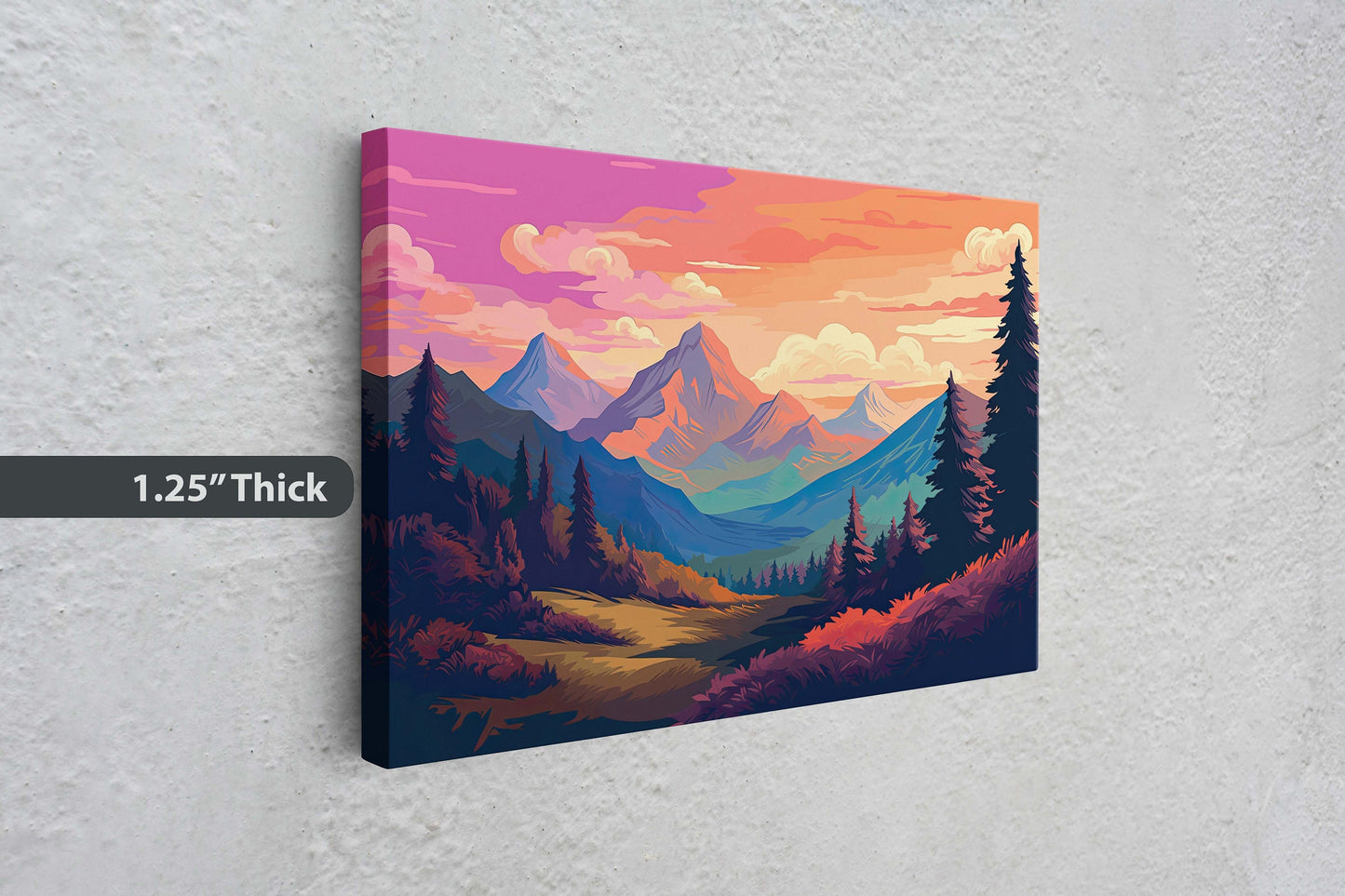 Mountain Sunset on Canvas, Vivid Color, Forestpunk, Bold Color, Illustration animation, cyberpunk landscape, Large Print