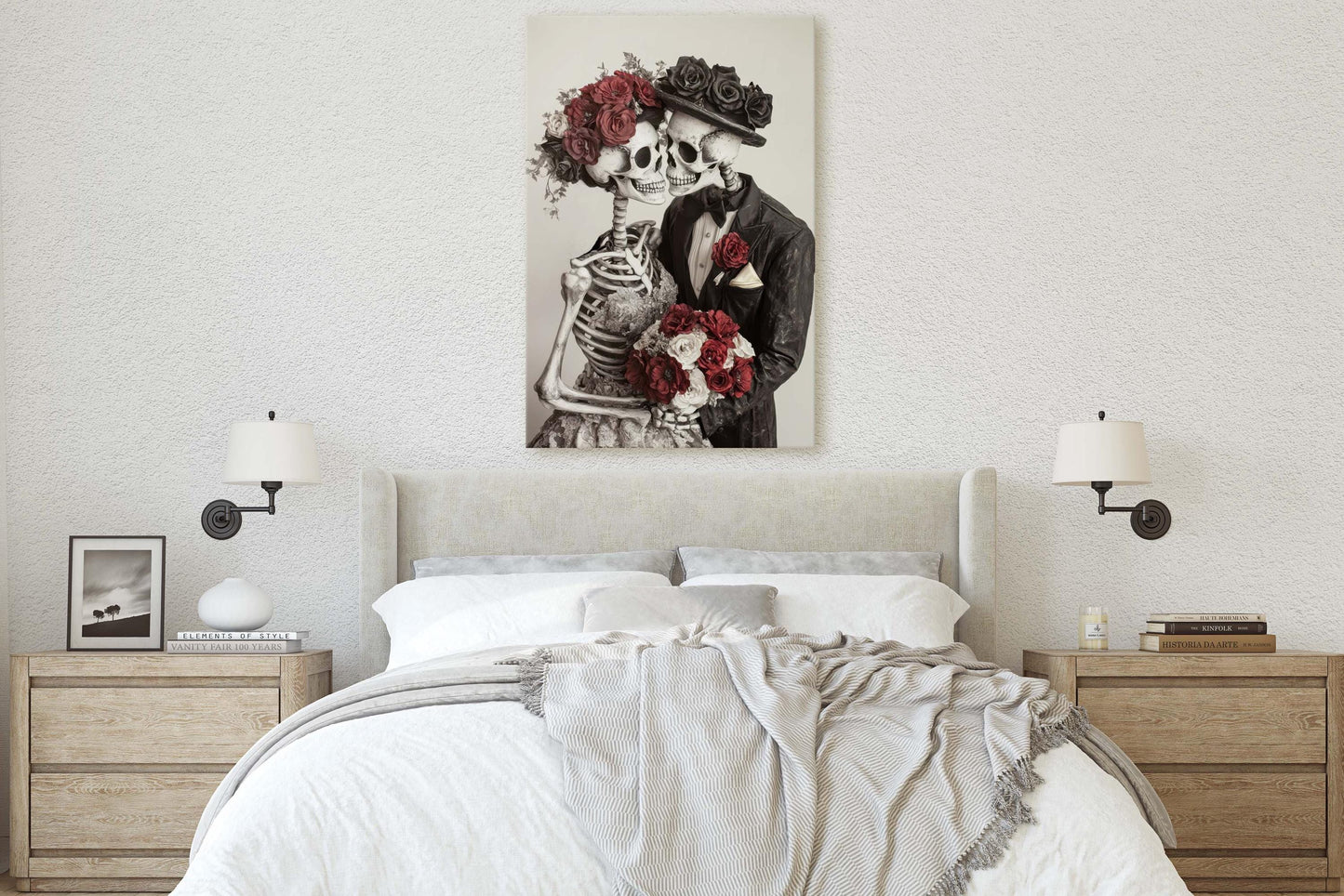 Skeleton Wedding, Bride and Groom, Halloween Decor, Gothic Art, Spooky Art, Bone Marriage