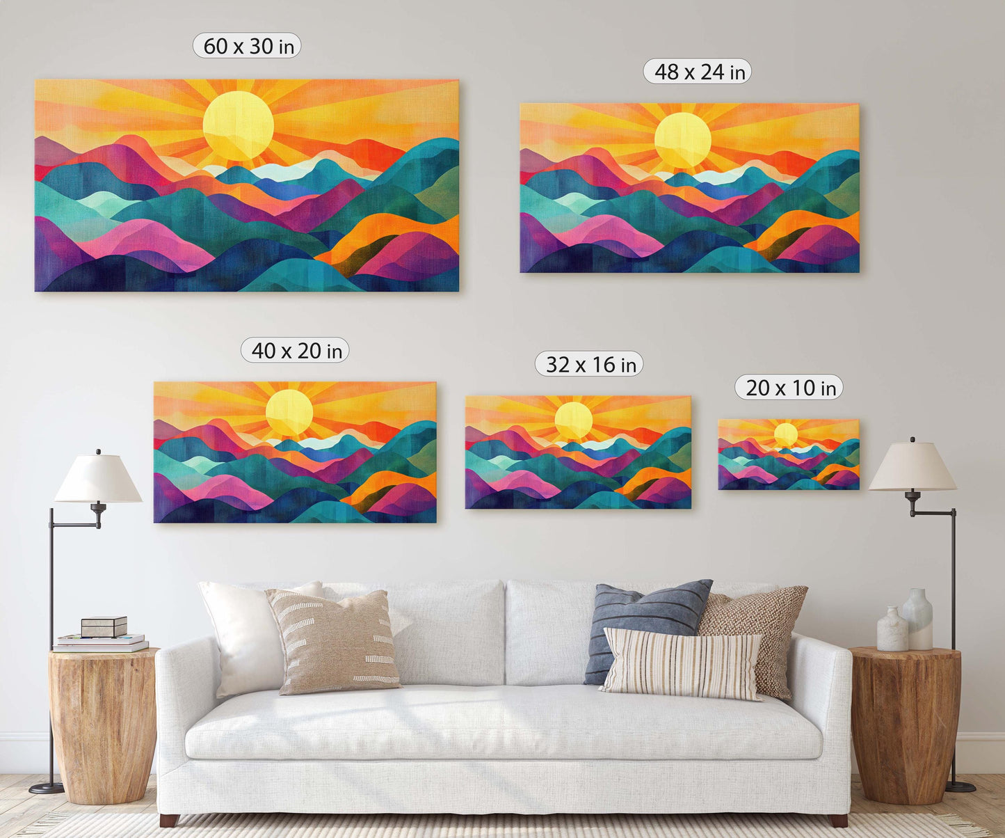 Sunshine Mountain, Canvas Print, Sunset Decor, Flat Art, Vibrant Color, Bold Art, Vertical, Abstract, Mid Century Modern, Scandinavian Print