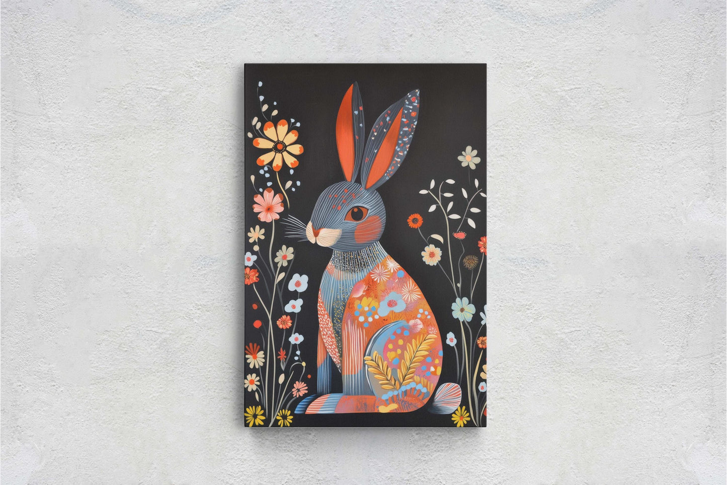 Scandinavian Rabbit, Folk Art, Celestial Art, Framed Canvas, Dark Print, Nature Print, Whimsical