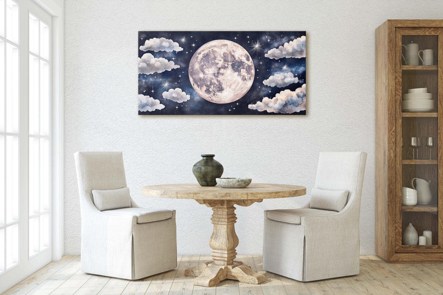 Cloudy Moon Sky, Moon Painting, Moon and Stars