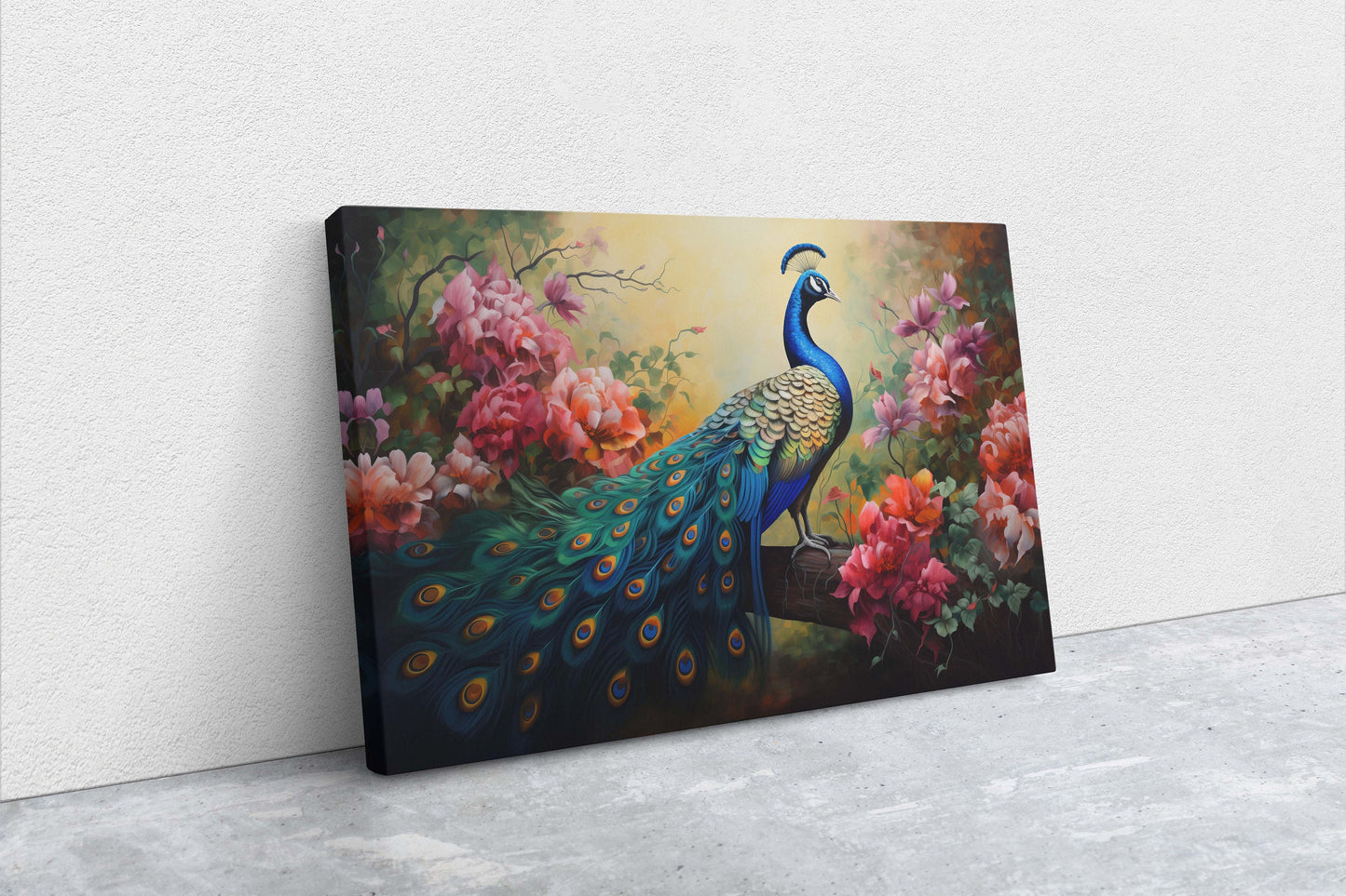 Peacock Painting, Pink Flowers, Colorful Art, Bird Decor, Framed Canvas, Large Print