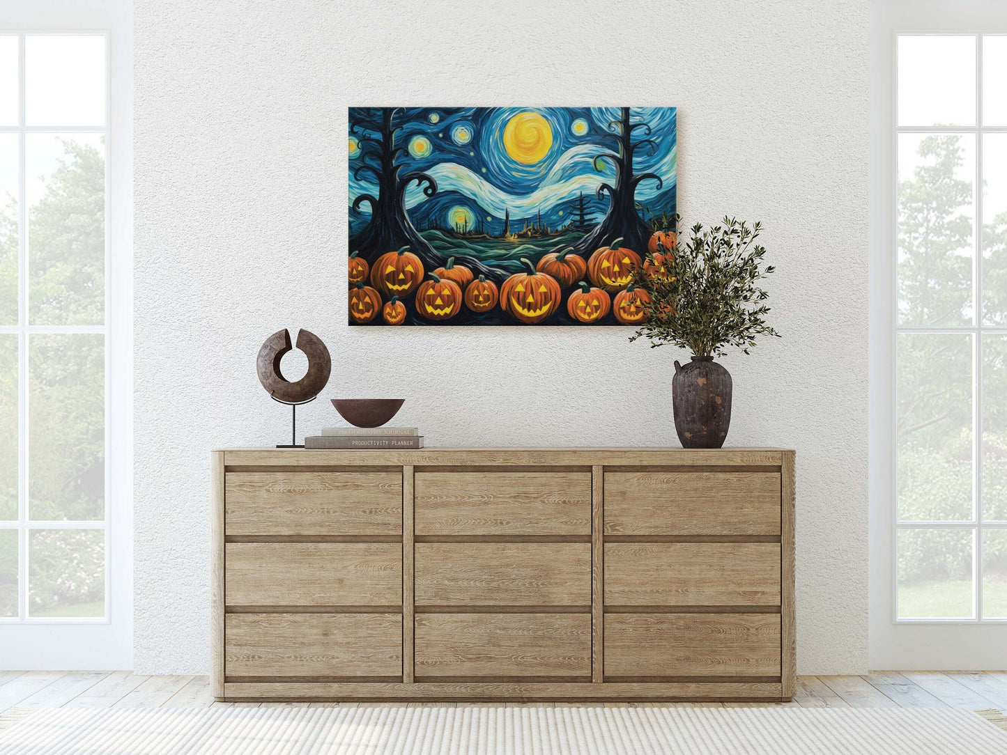 Pumpkin Patch On Canvas, Starry Night Pumpkins, Jack-O-Lantern, Van Gogh, Spooky Art, Fun Halloween, Kid Friendly, Framed Canvas