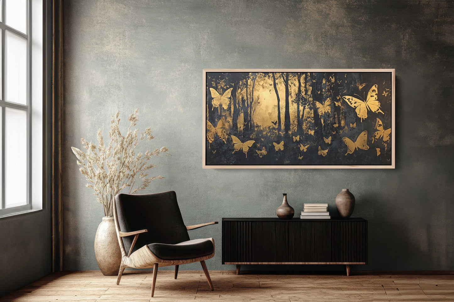 Butterfly Forest, Black and Gold Trees, Wide Canvas print, Modern Contemporary