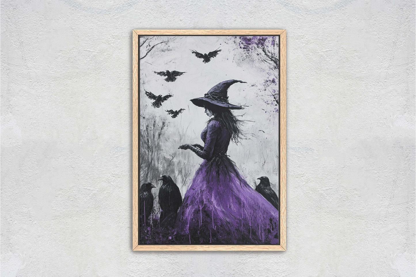 Purple Witch, Raven Art, Canvas Print, Gothic Halloween, Whimsical Decor, Halloween Art,