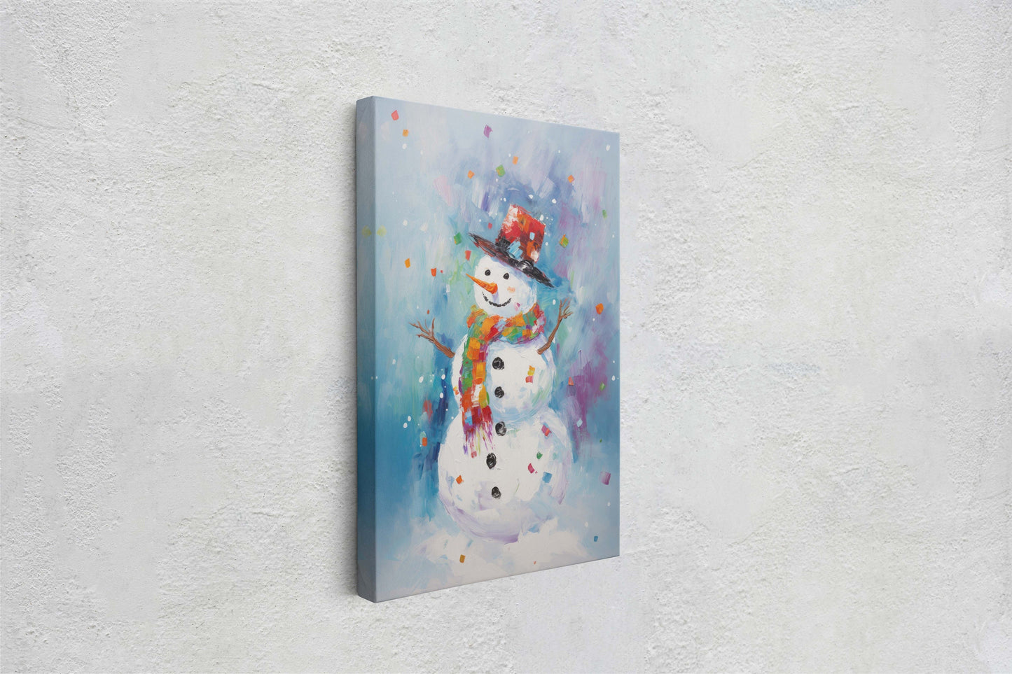 Colorful Snowman, Festive Winter Art, Holiday Decor, Christmas Print, Winter season, Framed Canvas, Snow man