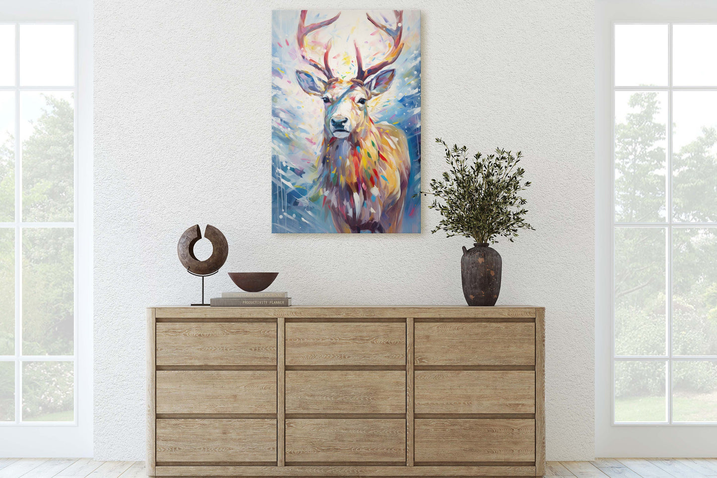 Reindeer Painting, Colorful Reindeer, Christmas Decor, Winter Art, Framed Canvas, Xmas Art, Festive Painting, Christmas Print