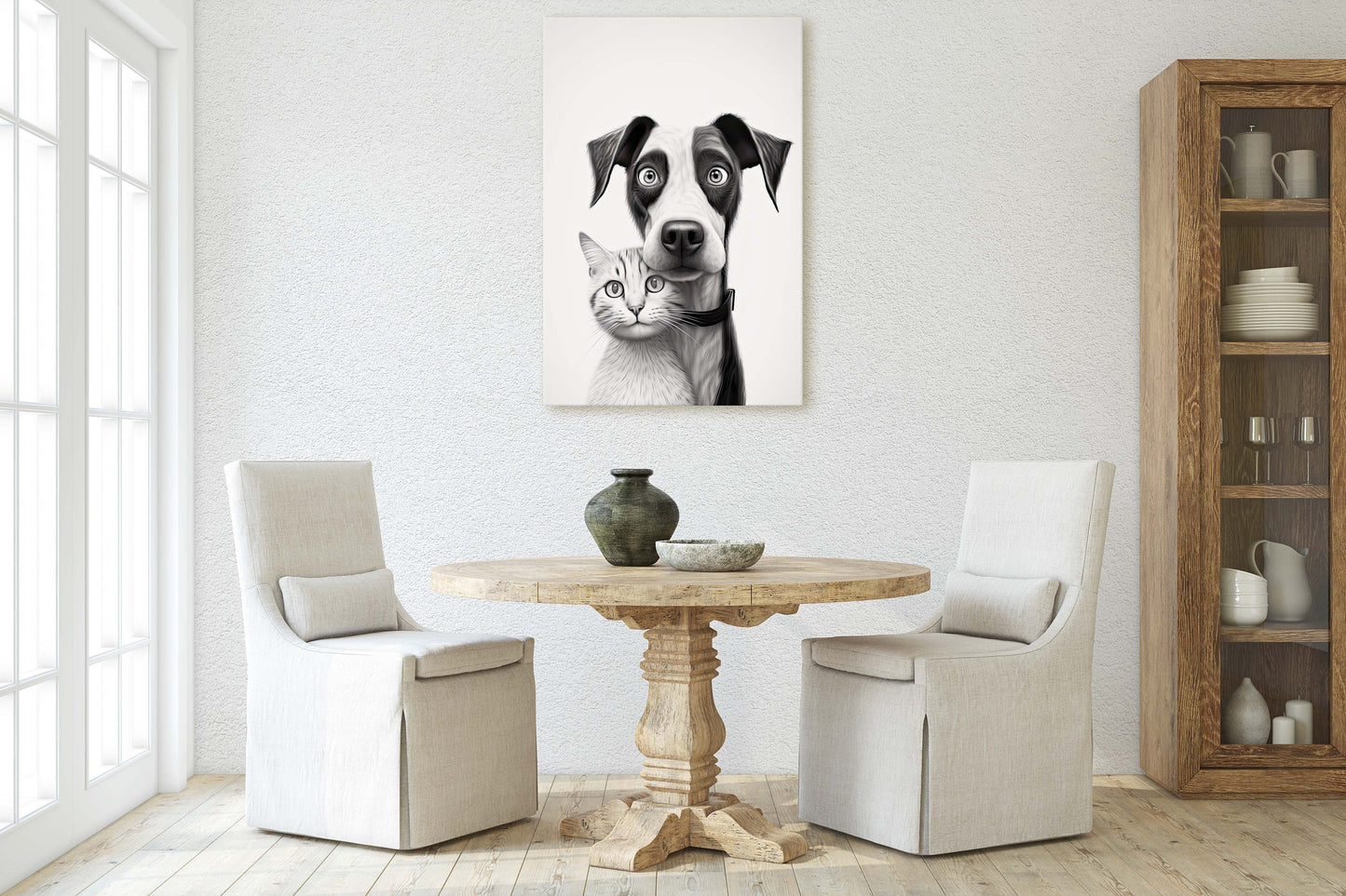 Black White Cat Dog, Loving Pets, Cute Animals, Minimalism, Animal Art, Kitten Decor, Puppy Art, Framed Canvas, Quirky Animal