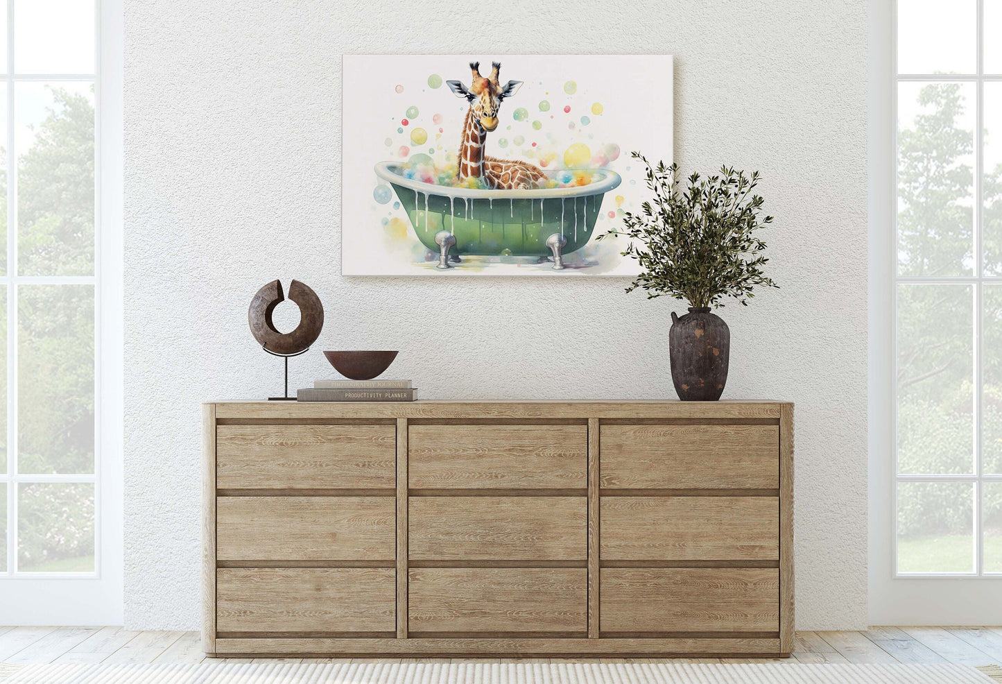 Giraffe Bath, Giraffe in Bathtub, Bathroom Decor, Kids Bath, Powder room, Fun Art, Cute Giraffe Elephant, Bath time Art, Silly Decor