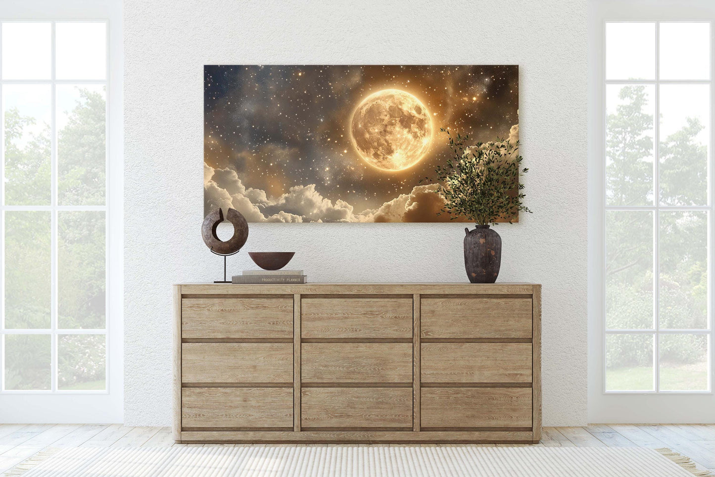 Full Moon Vintage ,Cloudy Moon Sky, Moon Painting, Moon and Stars