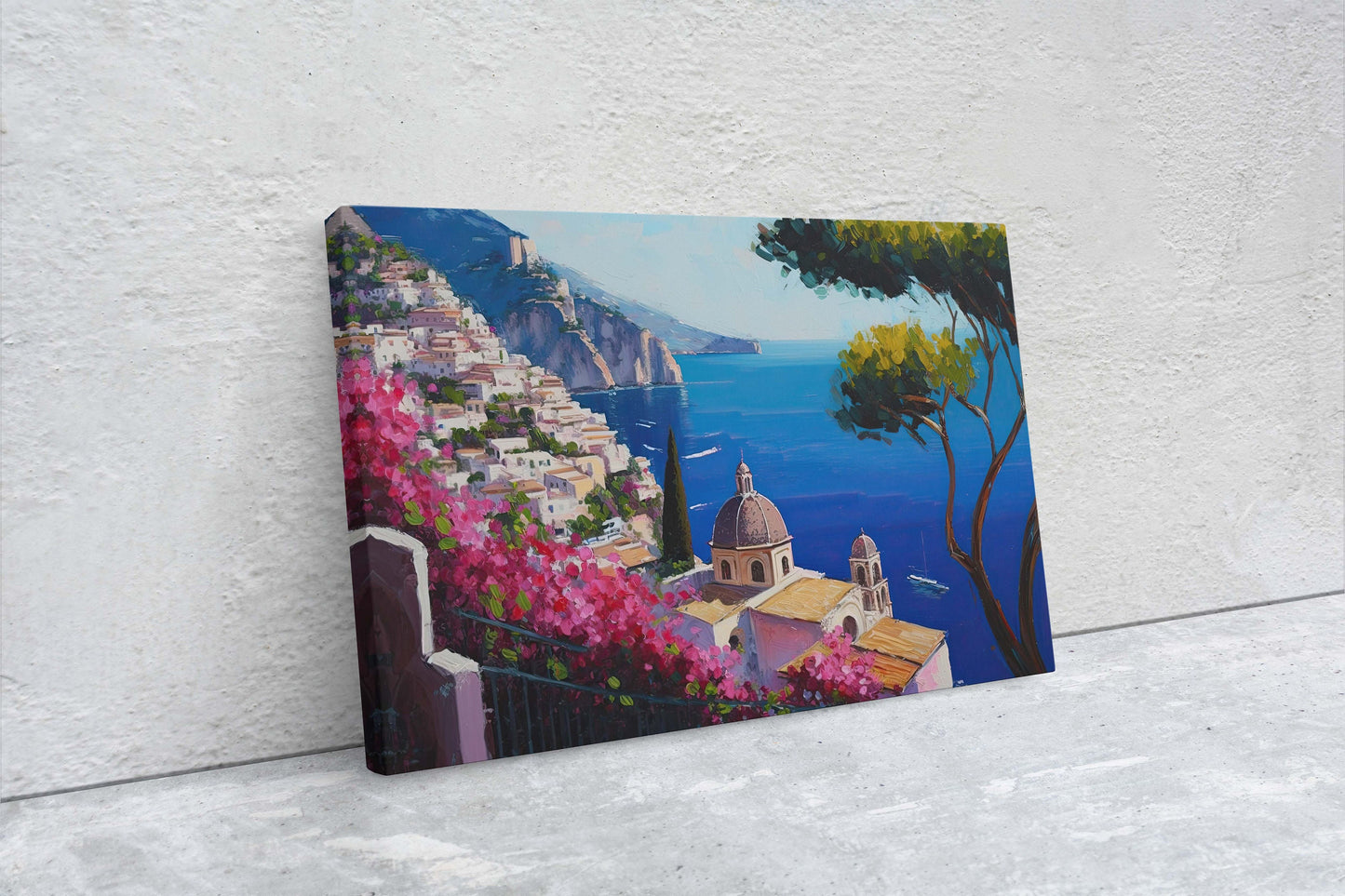 Italy Amalfi Coast, Seaside Coast, Colorful, Flowers Canvas, Coastline, Large Print, Painting, Landscape, Ocean Side, Beautiful View