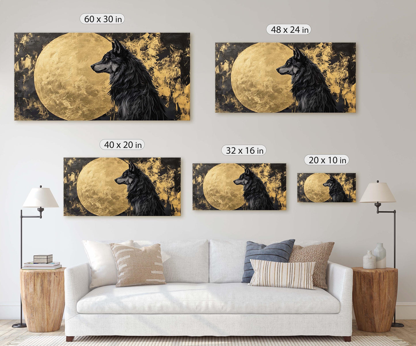 Lone Wolf Contemporary, Black and Gold Wolf, Wolf Moon