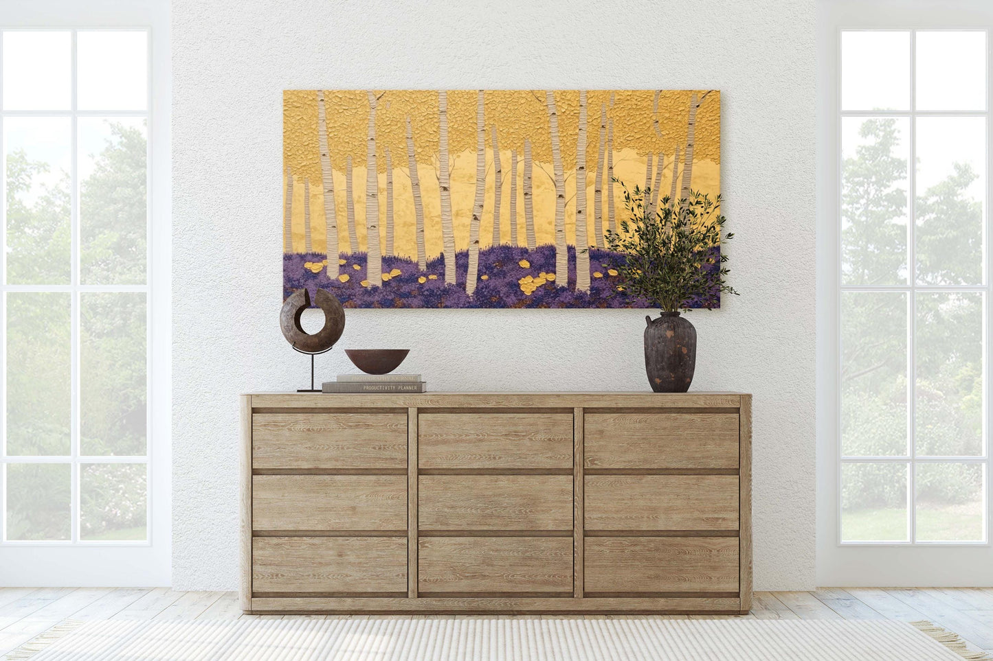 Abstract Aspen Trees, Trees on Canvas, Autumn Forest, Yellow Gold, Framed Canvas