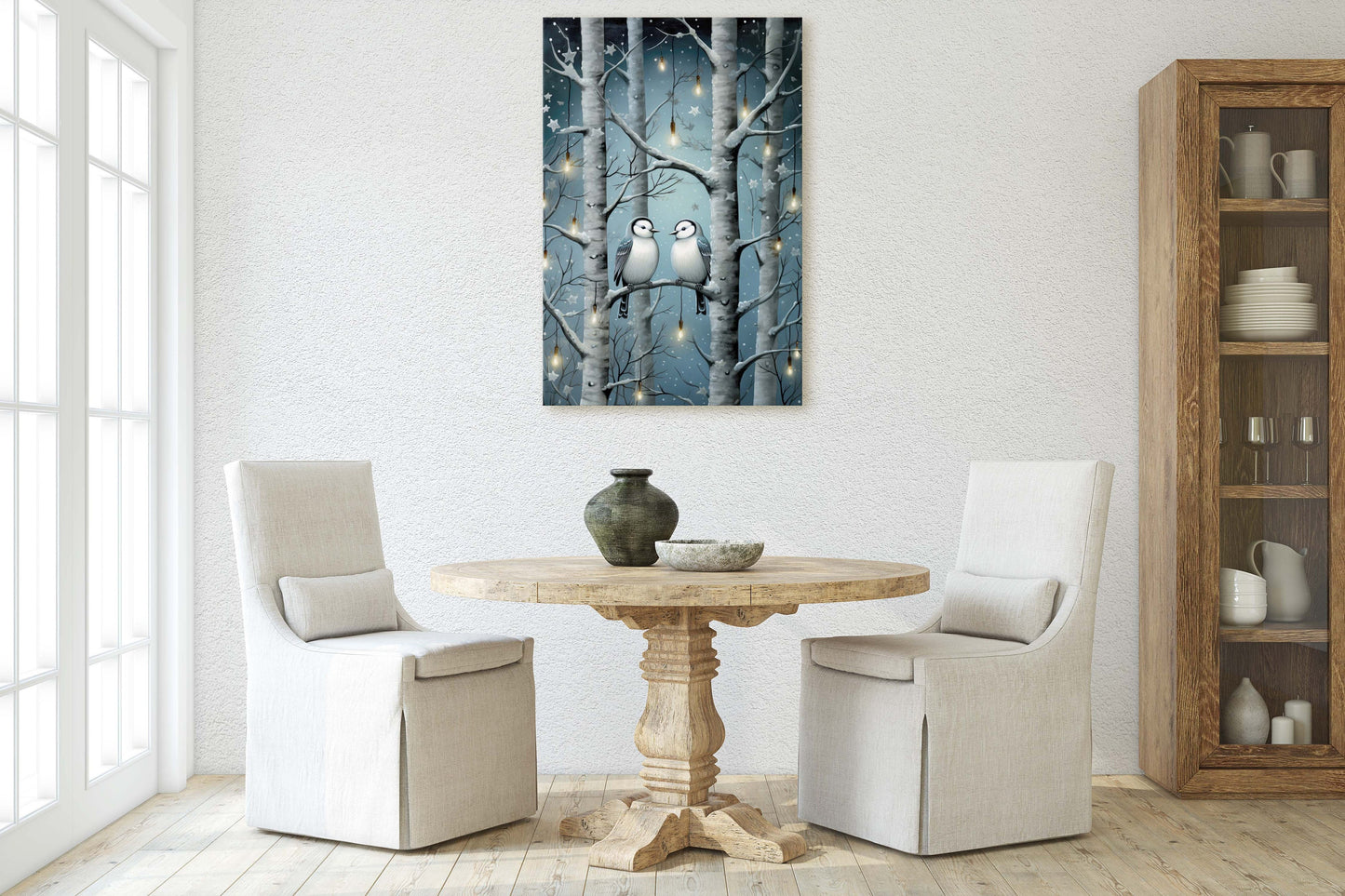 Snow Birds Painting, Winter Bird Tree, Festive Decor, Winter Season, Blue Birds, Tree Lights, Framed Canvas