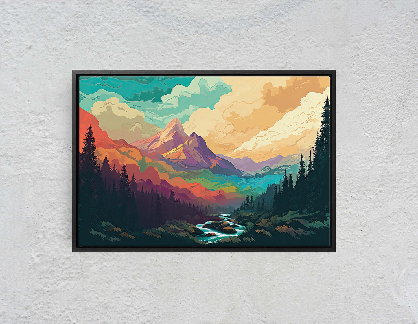 Cloud Mountains on Canvas, Flat Illustration, Sunset Colors, Sunrise Scene, Mountain Range, National Park, Abstract Art, Drawing, Framed