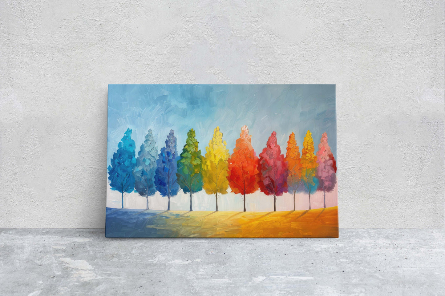 Seasons Painting, Pastel Trees, Rainbow Tree, Spring Summer, Fall Winter, Blue Tones, Colorful Vivid, Framed Canvas, Large Art Print