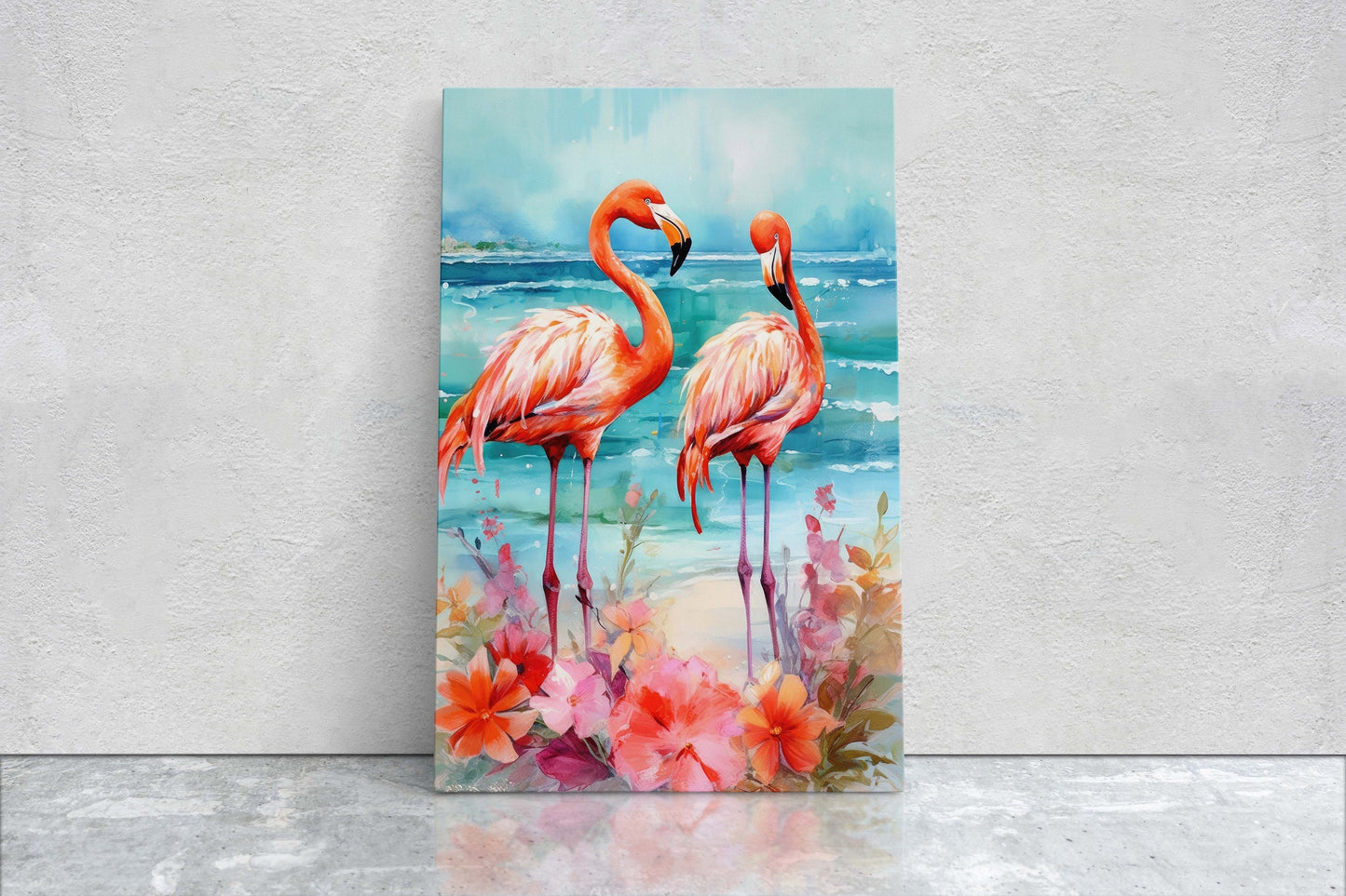 Flamingo Flowers on Canvas, Floral Bird, Beach Art, Framed Canvas, Tropical Art, Blue Water, Animal Print, Bird Lover, Vertical Portrait