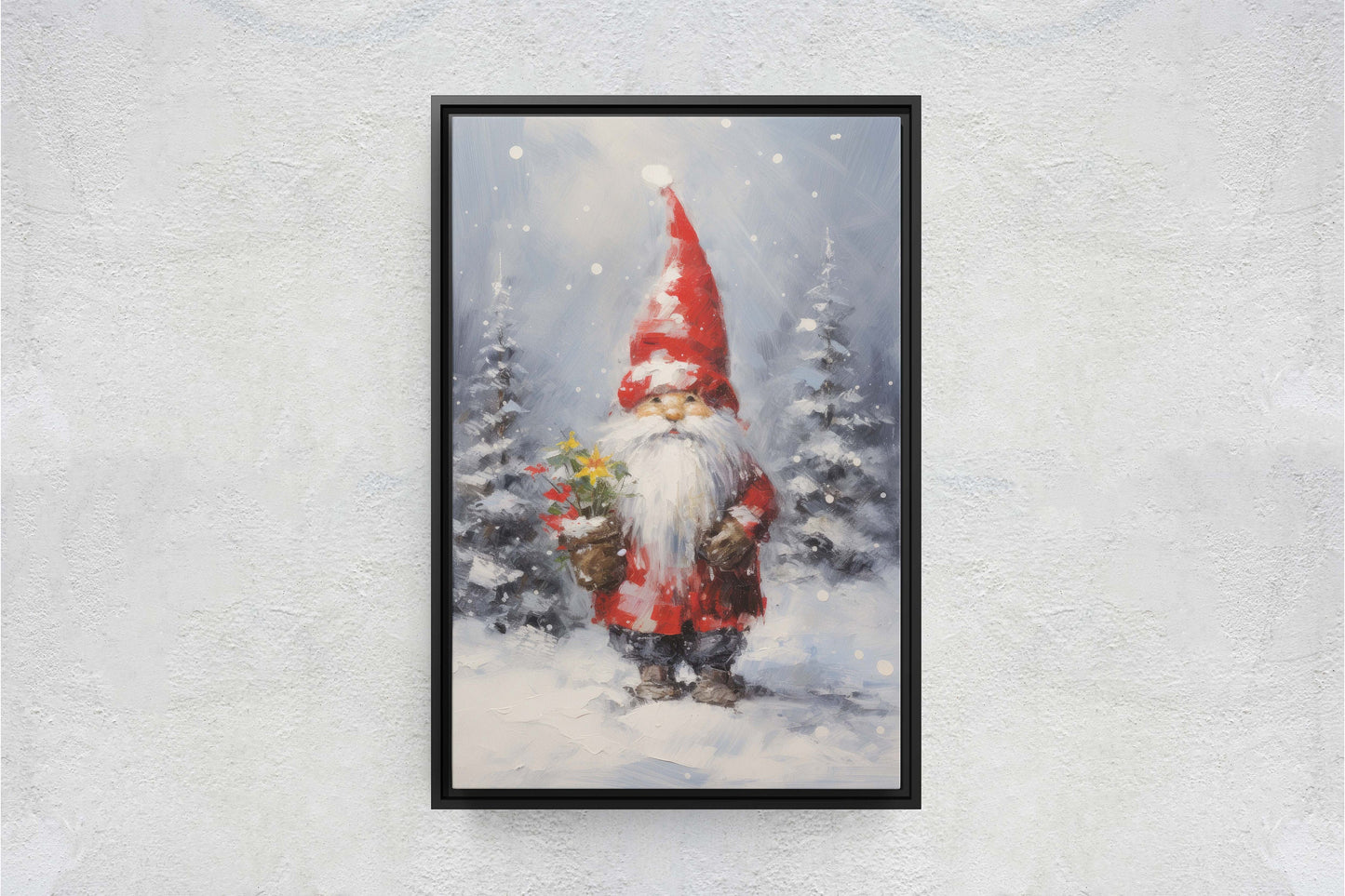 Christmas Elf, Christmas Gnome, Santa Clause Flower, Cute Santa, Christmas Decor, Xmas Painting, Framed Canvas