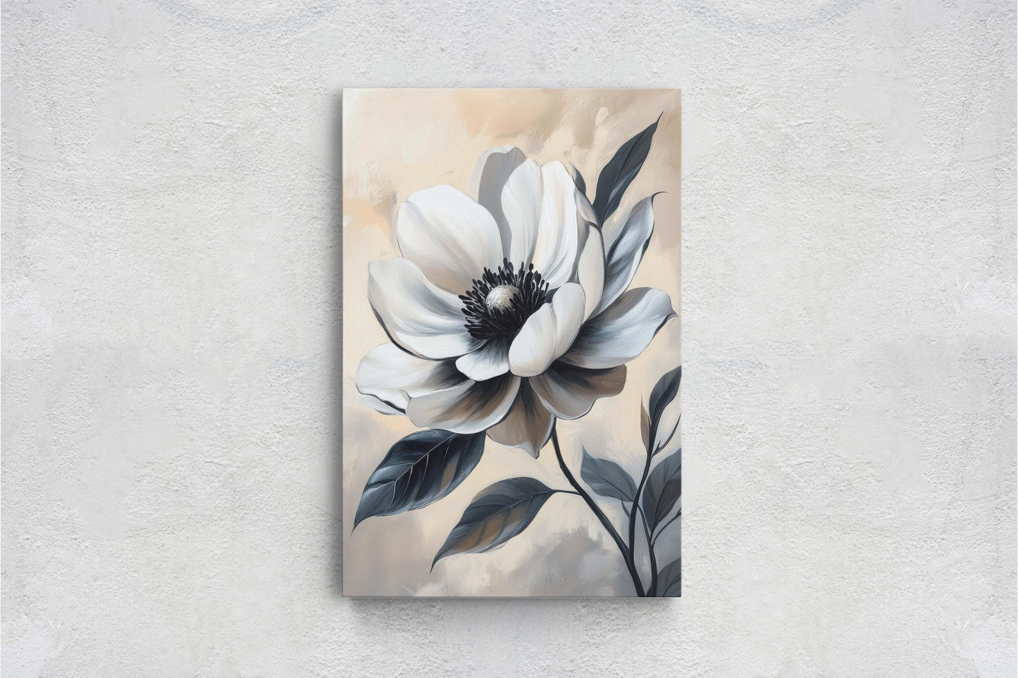 Black And White Flower, Flower Painting, Neutral Tones, Beige Black White