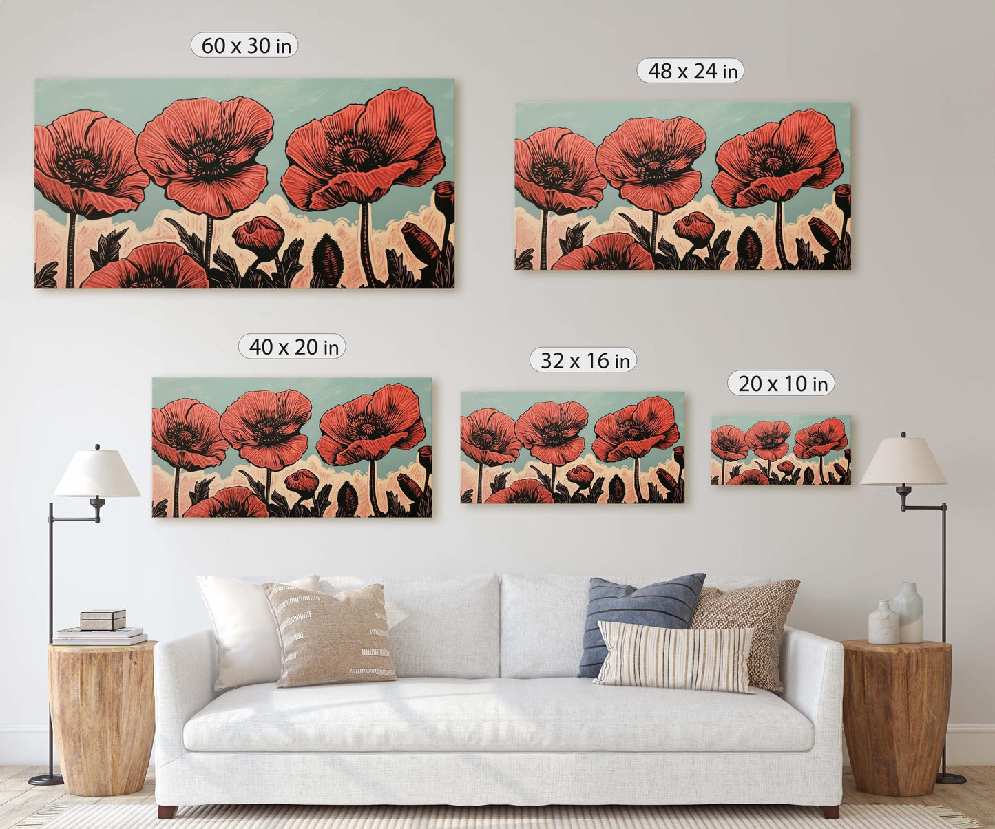Red Poppies Art, Poppy Print, Linocut Print, Scandinavian Art