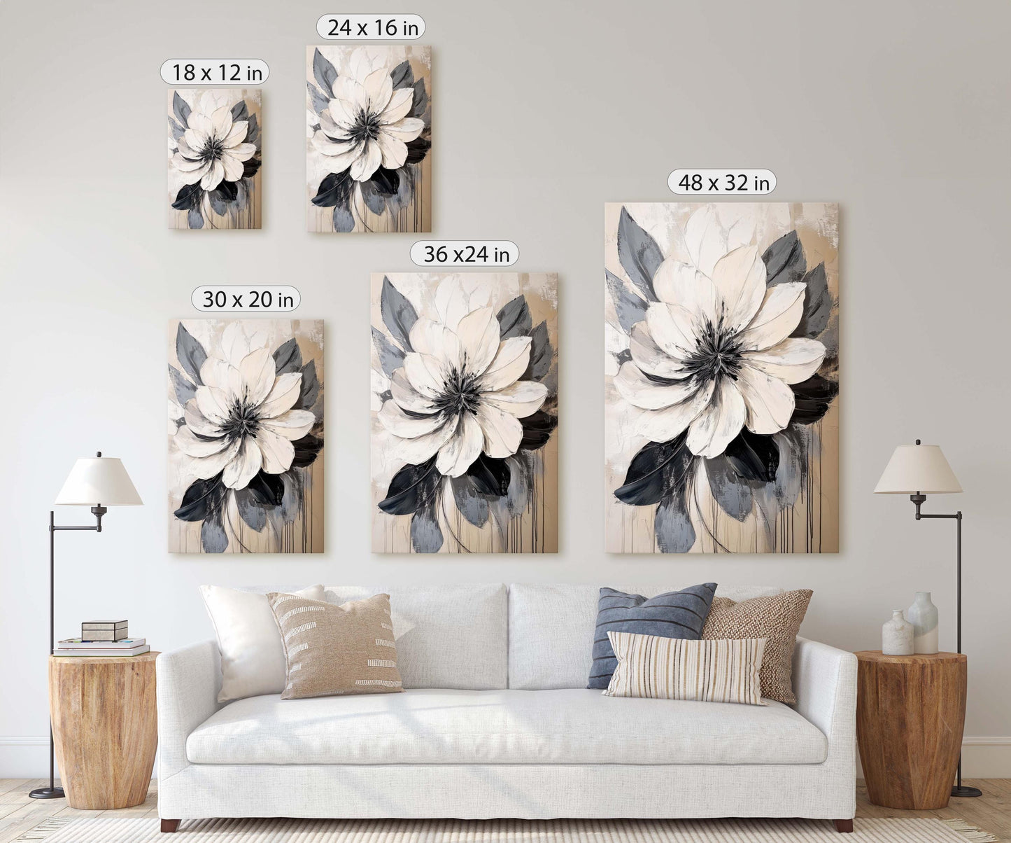 Flower Painting, Black White Flower, Contemporary Art, Beige Black White
