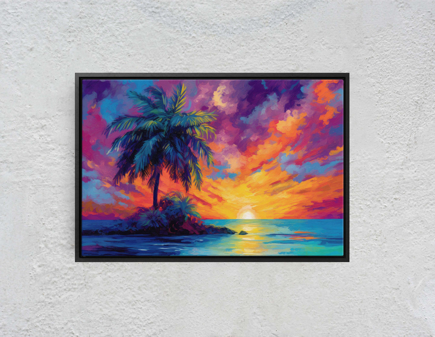 Vivid Palm Sunset on Canvas, Palm Tree Dusk, Evening Ocean View, Oceanside, Colorful Beach, Framed Canvas, Watercolor, Painting
