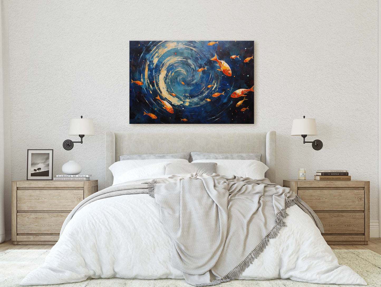 Fish School Painting, Canvas Wall Art, Abstract Blue Sea Painting, Boho Wall Décor, Custom Painting, Home Decor,Large Original,Framed Canvas