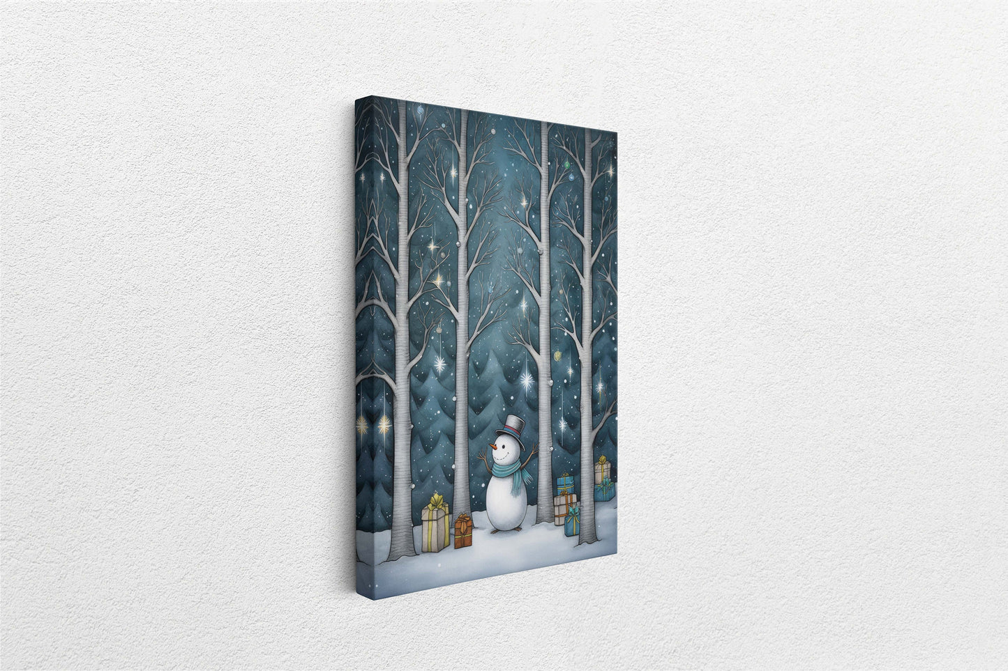 Snowman Presents Forest, Illustration Style, Snowy Forest, Snow Presents, Framed Canvas, Christmas Decor, Large Print, Winter Decor