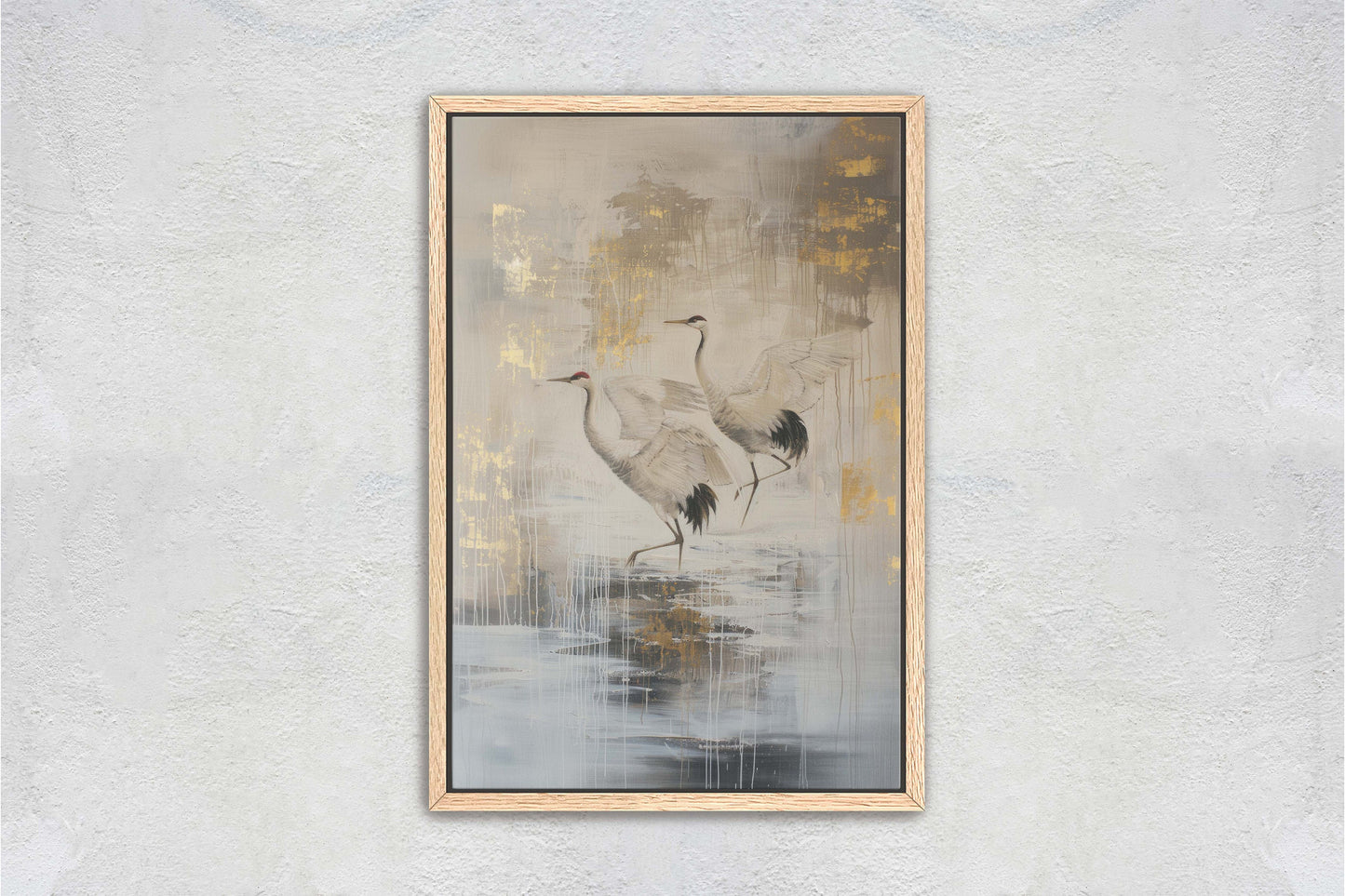 Gold Japanese Cranes, Gold and Beige, Minimalist Art, Heron Decor, Framed Canvas, Japandi Print, Extra Large, Neutral Tones