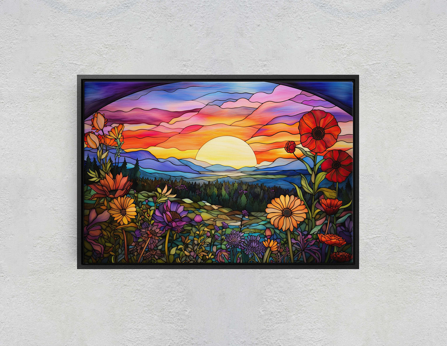 Sunset Painting, Faux Stained Glass, Colorful Vibrant, Sunrise Art, Flower Field. Mountain Decor, Framed Canvas