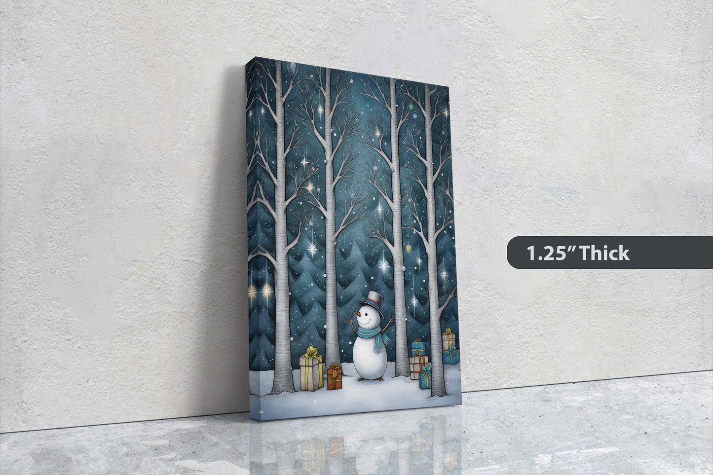Snowman Presents Forest, Illustration Style, Snowy Forest, Snow Presents, Framed Canvas, Christmas Decor, Large Print, Winter Decor