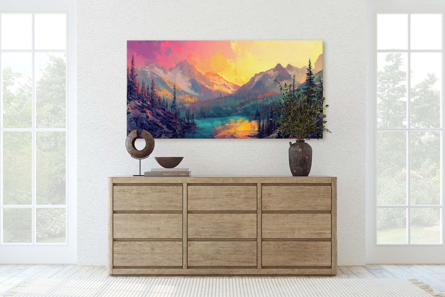Colorful Mountain Sunrise On Canvas, Smoky Forest, Foggy Mountains, Vibrant Color, Abstract Art