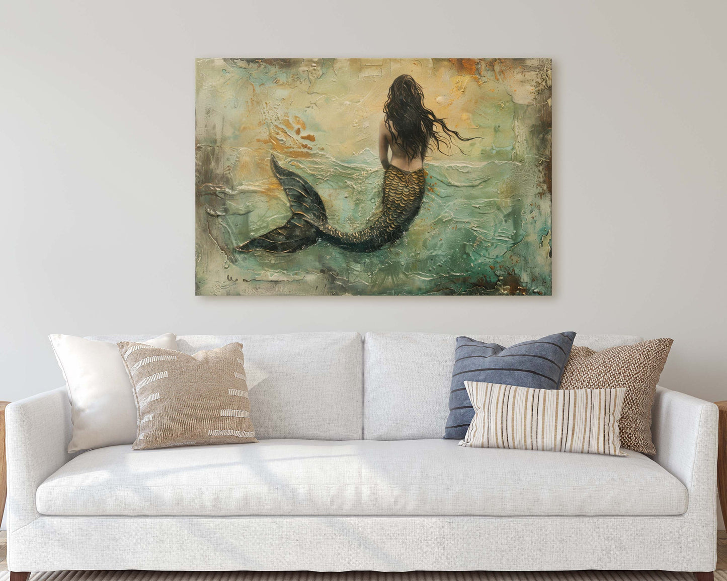 Mermaid in Solitude, Nautical Artwork, Ocean Decor, Mythical Creature, Fantasy Decor, Faux Metal, Framed Canvas, Extra Large Print