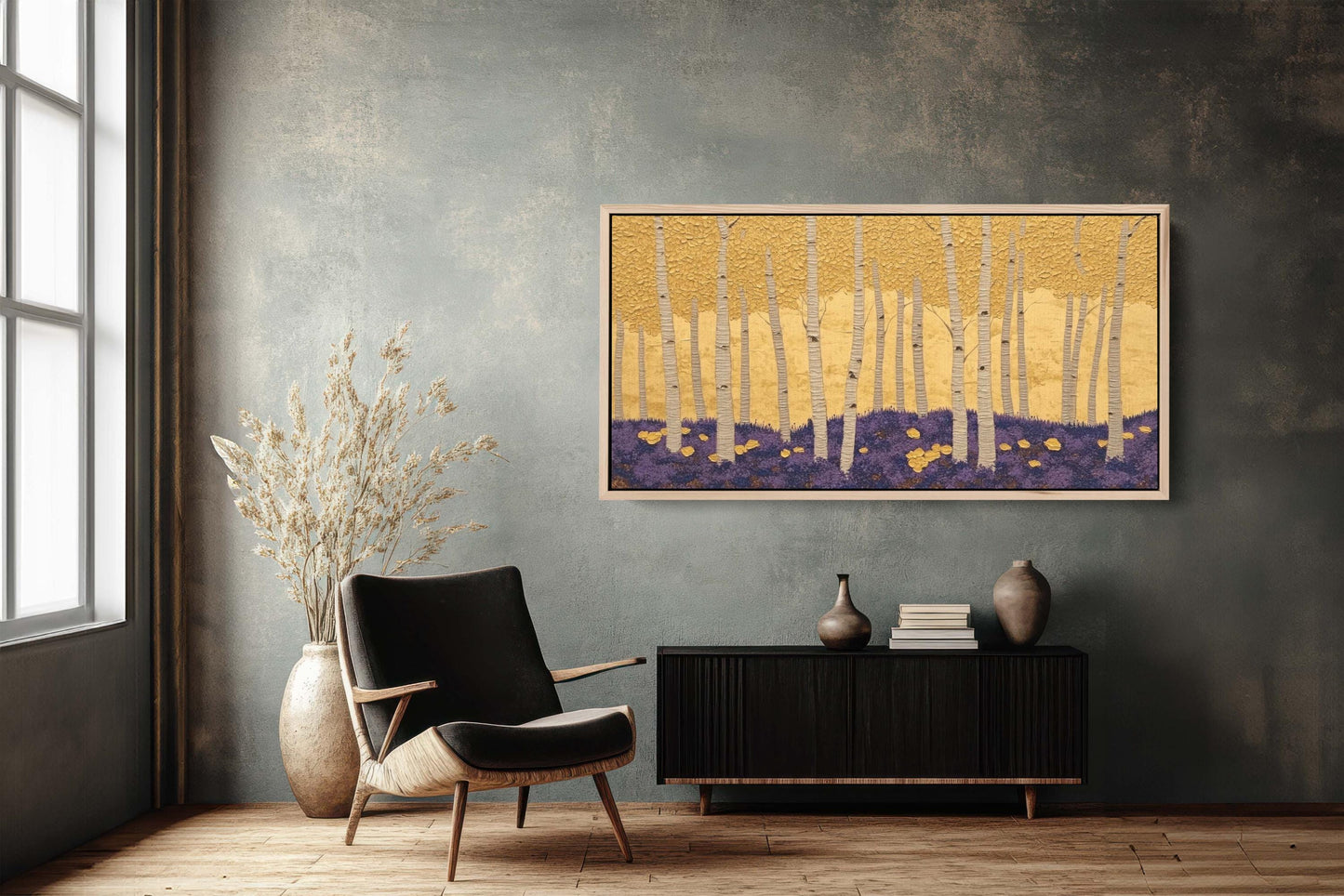 Abstract Aspen Trees, Trees on Canvas, Autumn Forest, Yellow Gold, Framed Canvas