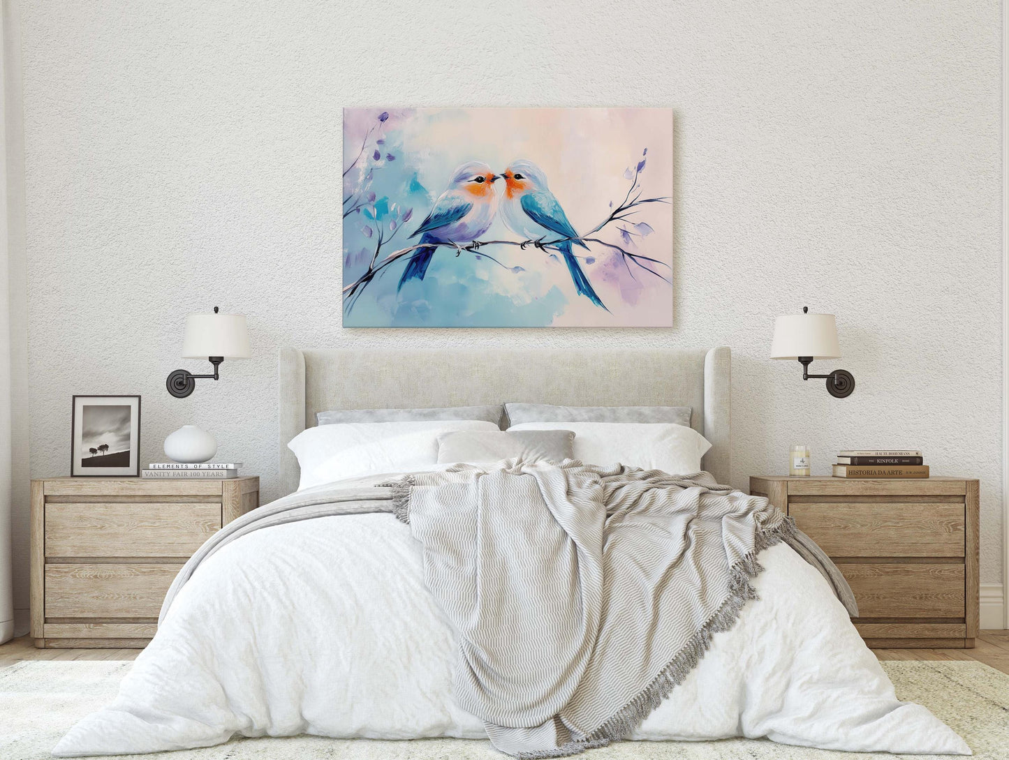 Love Birds, Bird Print, Pastel Colors, Blue Pink