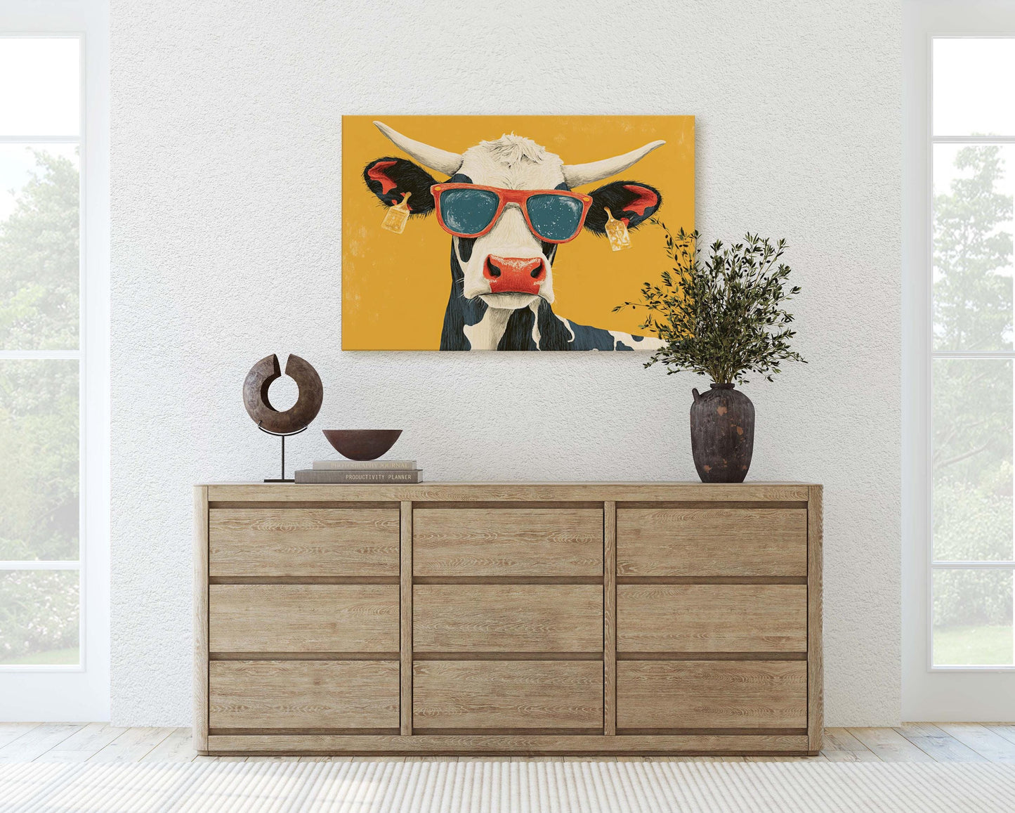 Hipster Cow, Pop Art, Street Art, Graffiti Painting, Animal Sunglasses, Yellow, Fun Quirky, Large Art Print, Kids Room, Boys Room