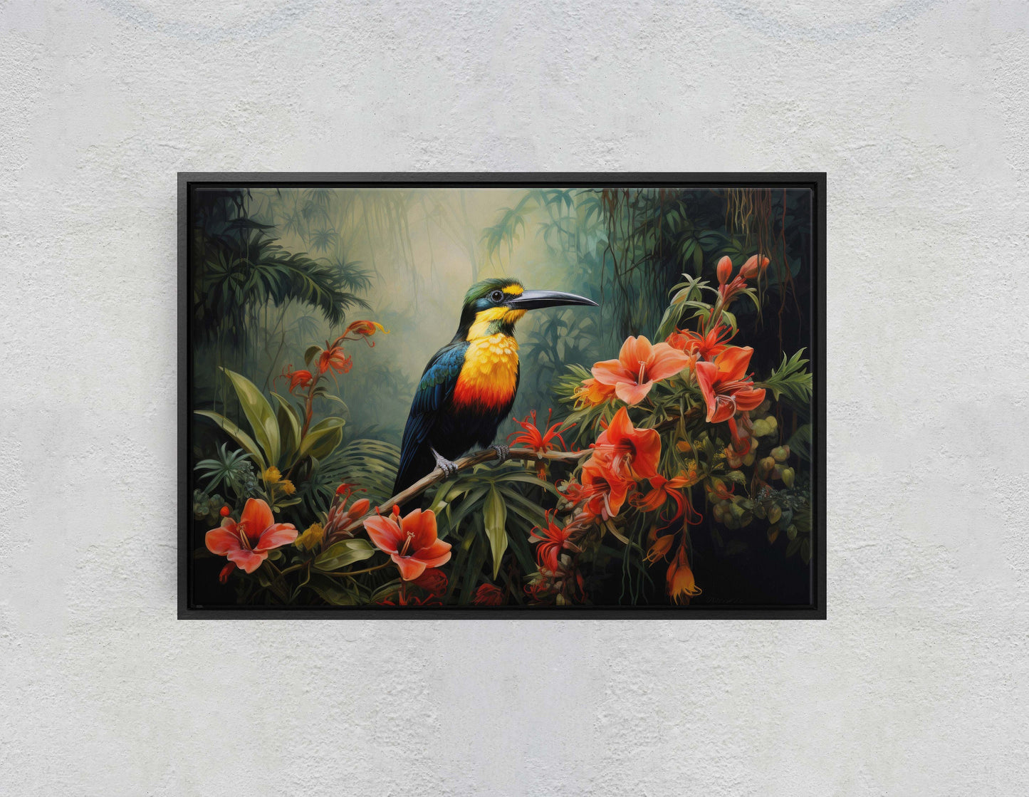 Jungle Bird Painting, Jungle Art, Green Jungle, Framed Canvas, Large Print, Beautiful Bird, Flower Jungle, Tropical Forest, Rainforest Art