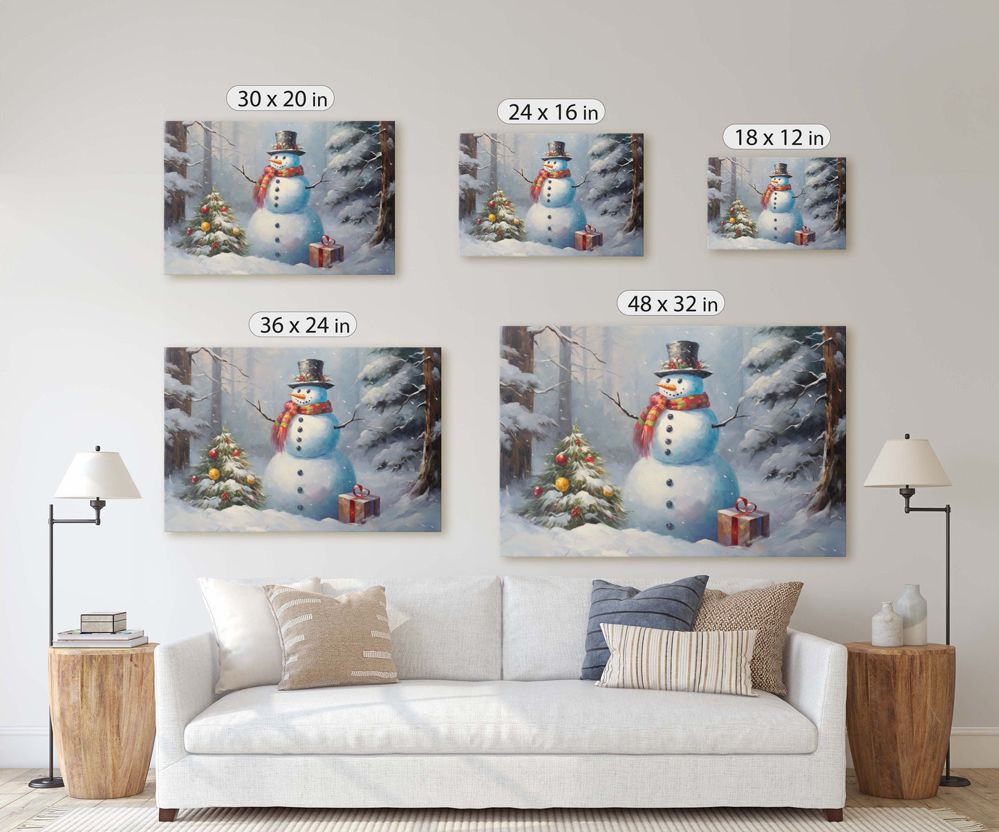 Snowman Present, Christmas Snowman, Snow Trees, Festive Decor, Holiday Art, Xmas Print, Framed Canvas, Large Print