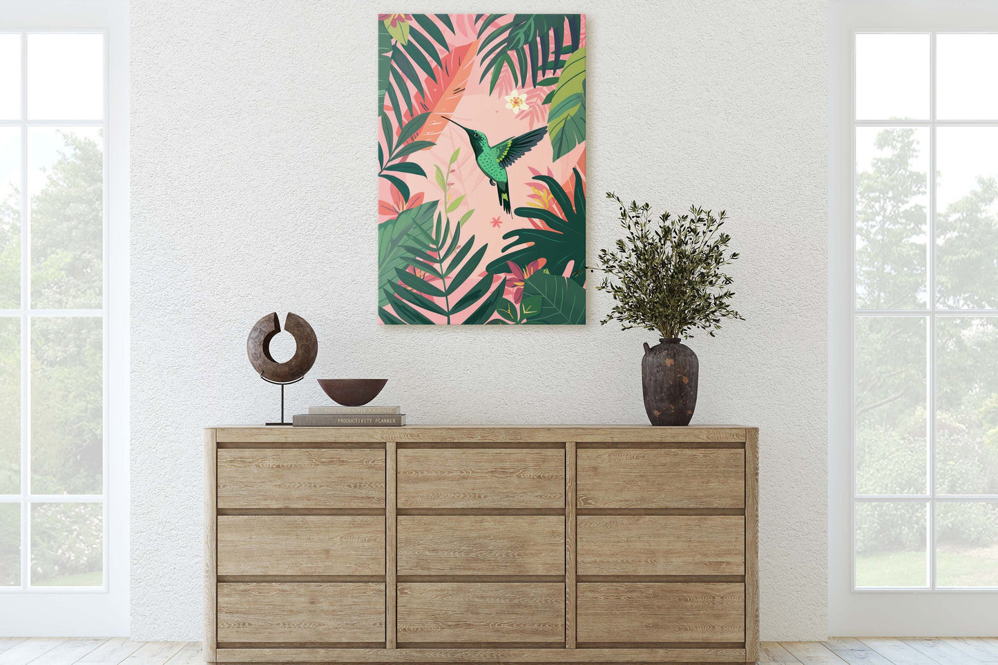 Hummingbird Illustration, Framed Canvas, Tropical Art, Maximalist Jungle, Botanical Print, Bold Eclectic